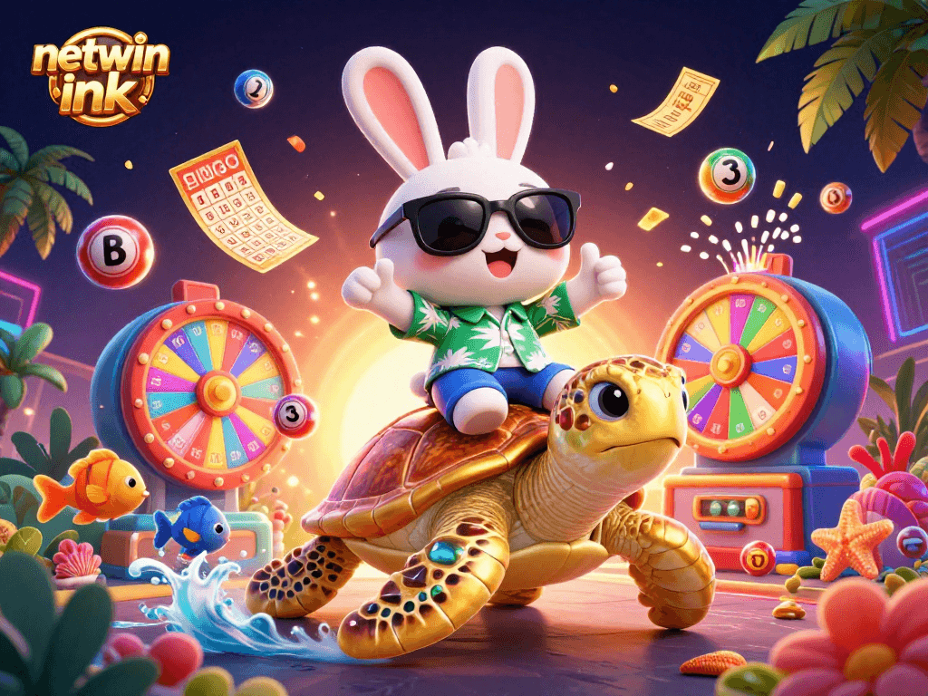 Experience the excitement of netwin ink with a lucky rabbit and golden turtle amidst dynamic lottery elements.