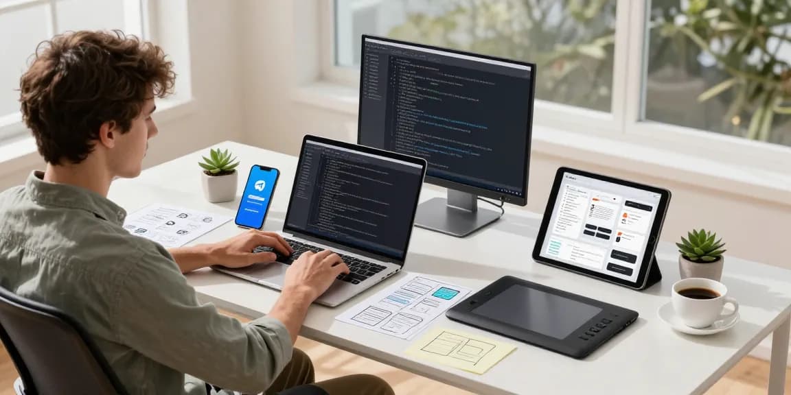 Secure workspace showcasing telegram中文版下载 notifications on devices amidst a productive home office.