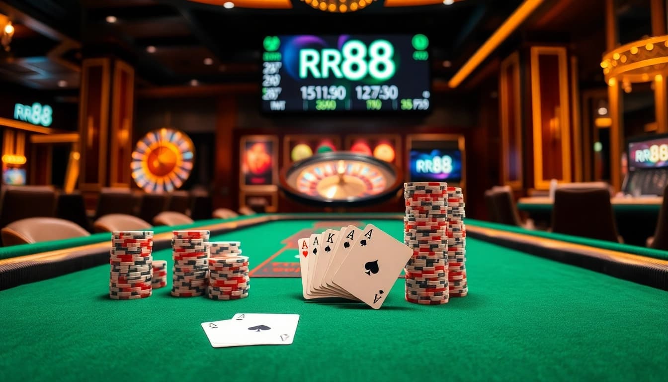 Experience the thrill of RR88 with a luxurious casino scene featuring baccarat, poker, and roulette.
