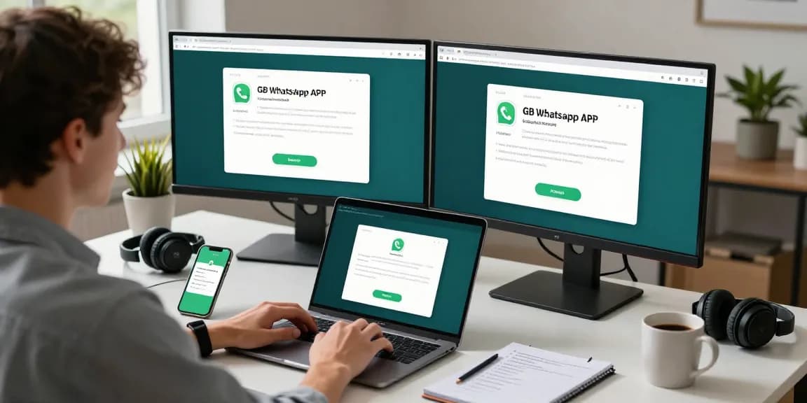 Downloading the latest GB WhatsApp APK in a productive home office setting.