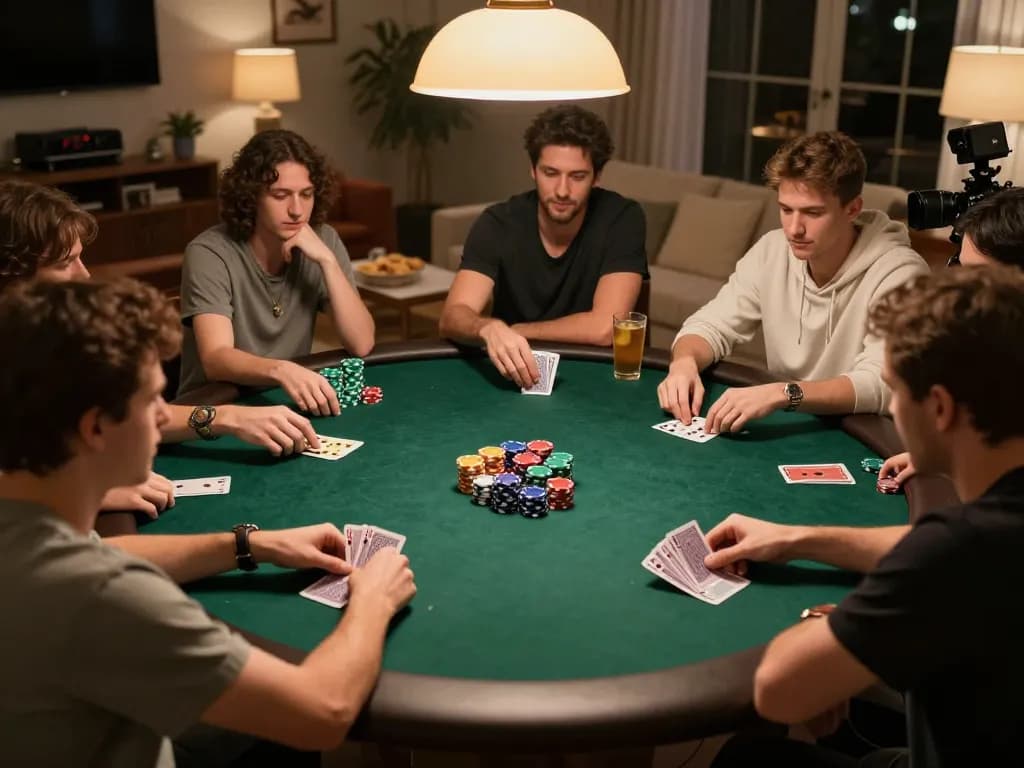Engaged players at home during a poker night, link fly88 highlighted as strategy unfolds amidst chips and cards.