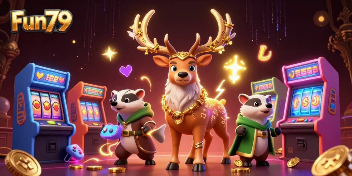 Fun79 gameplay scene featuring a Celtic druid stag and badger surrounded by vibrant casino elements.