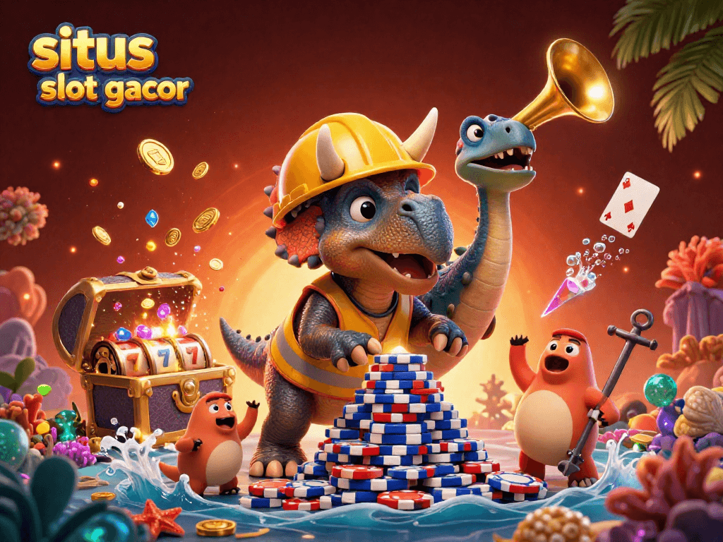 Engage with situs slot gacor in this vibrant 3D illustration featuring joyful characters and casino elements.