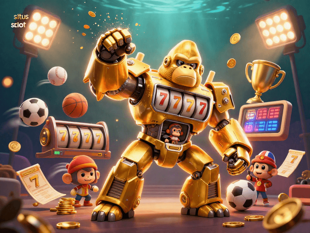 Experience thrilling gameplay at situs slot with a dynamic golden gorilla mech surrounded by vibrant casino elements.