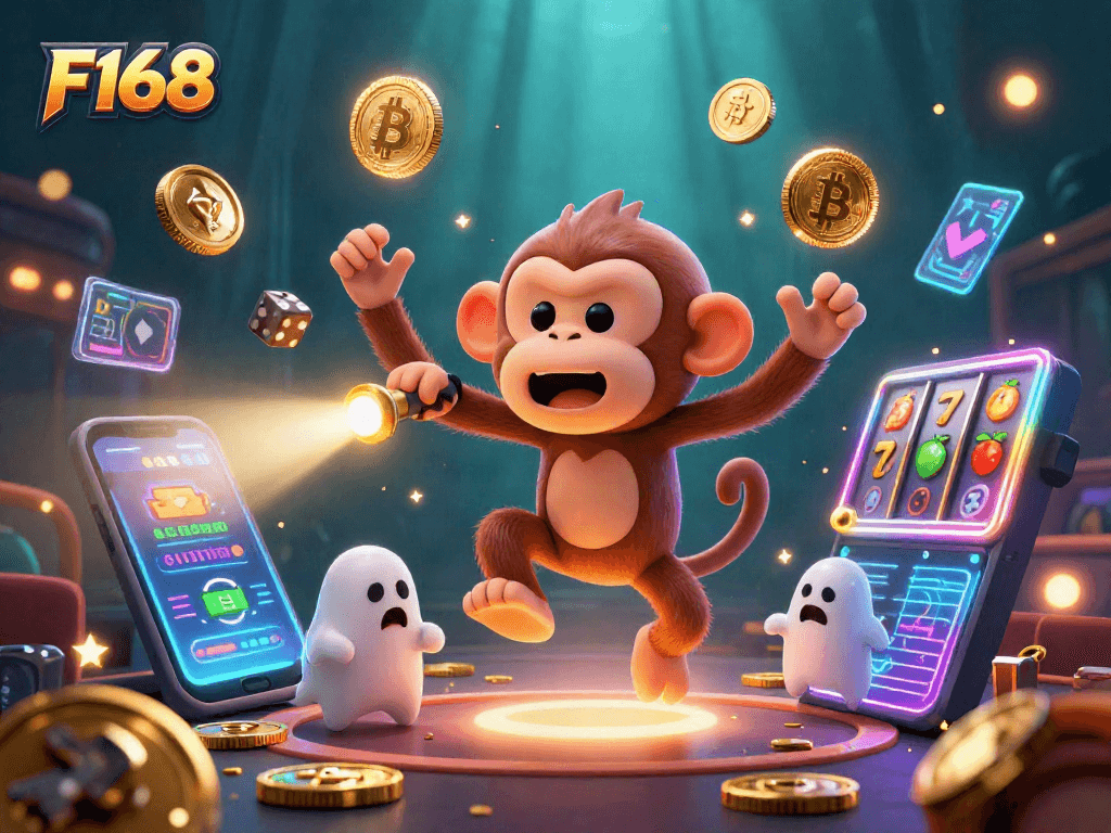 Engage with F168's exciting casino scene featuring playful characters and vibrant slot elements.