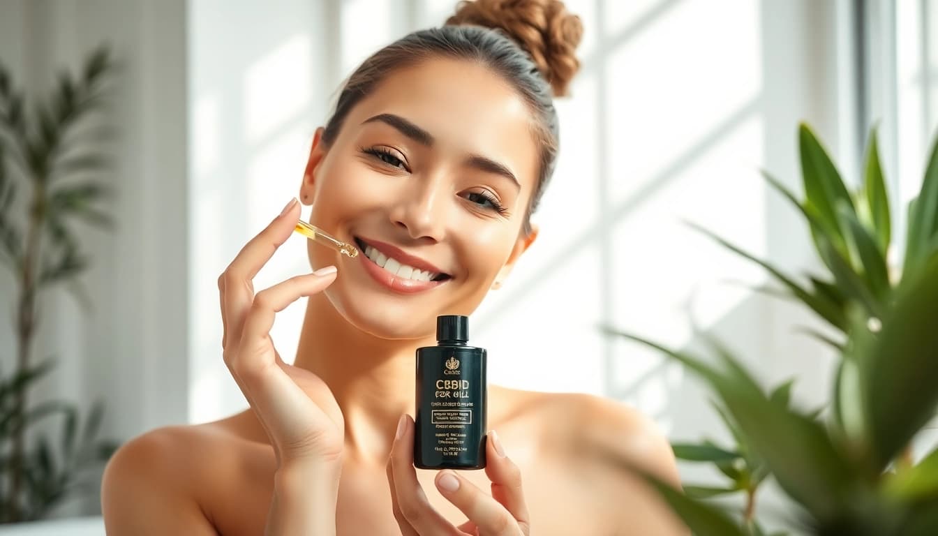 Model applying CBD oil for skin on their face in a serene bathroom setting, promoting self-care.