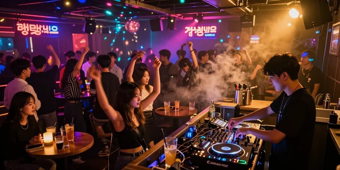 상봉동 한국관나이트 vibrant nightlife scene with DJ and diverse crowd dancing