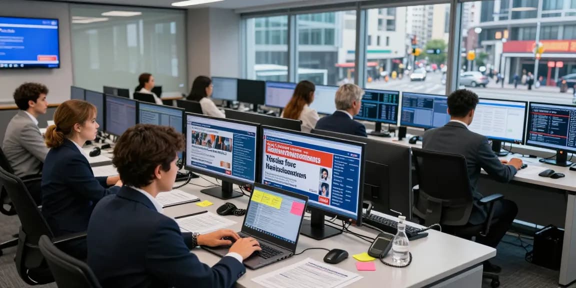 Newsroom scene at https://www.theindaily.com with journalists reporting live updates.
