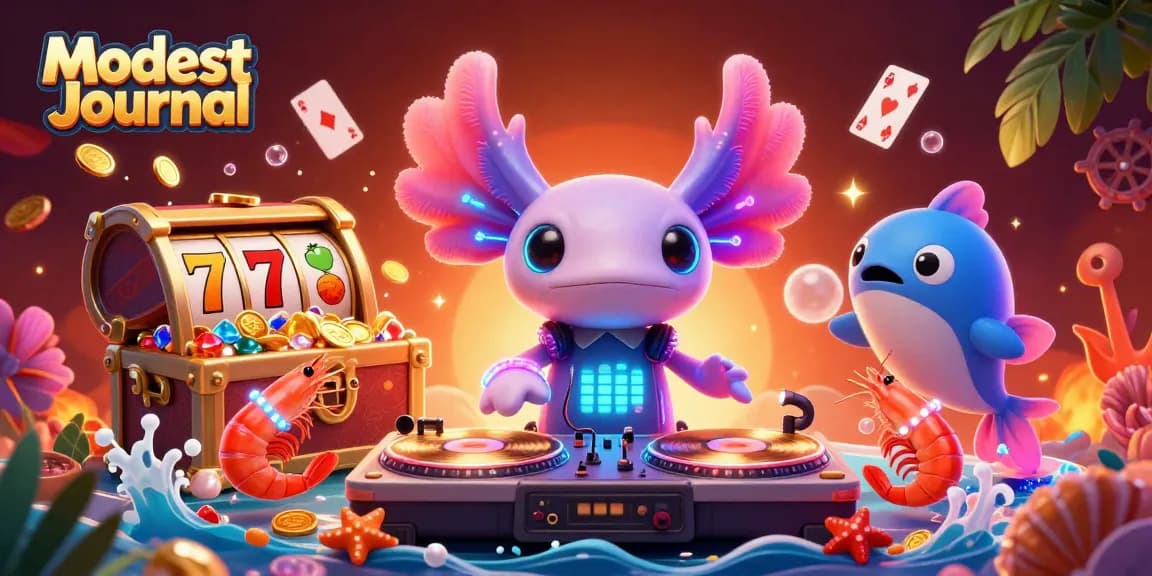 Experience winning strategies with Modest Journal's vibrant casino-themed 3D illustration of a lively axolotl DJ and friends.