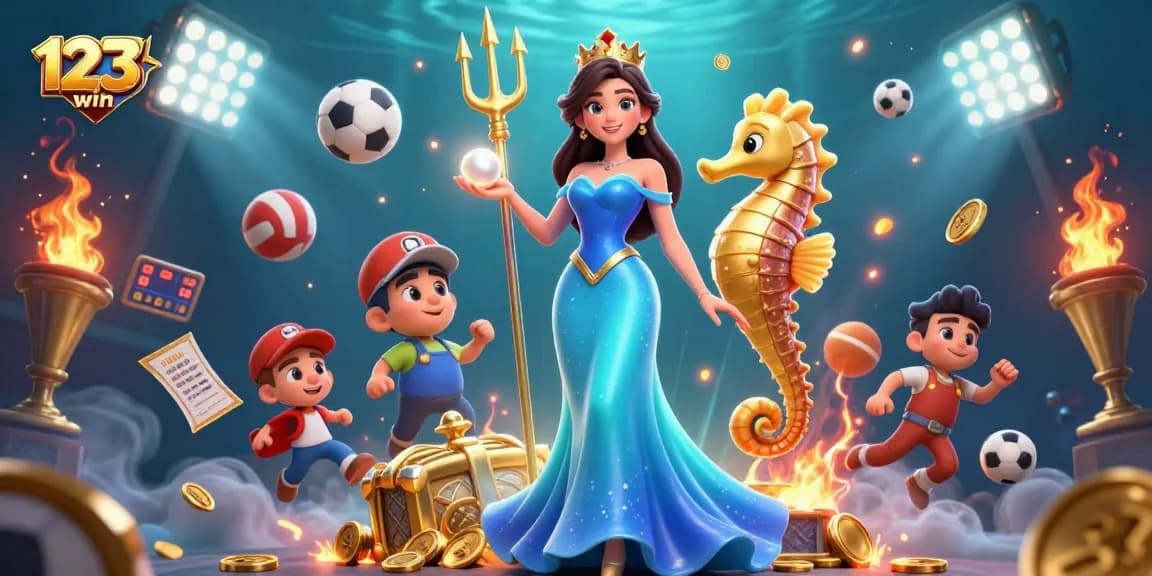 Experience thrilling gaming at 123win with a vibrant underwater casino scene featuring sports elements and excitement.
