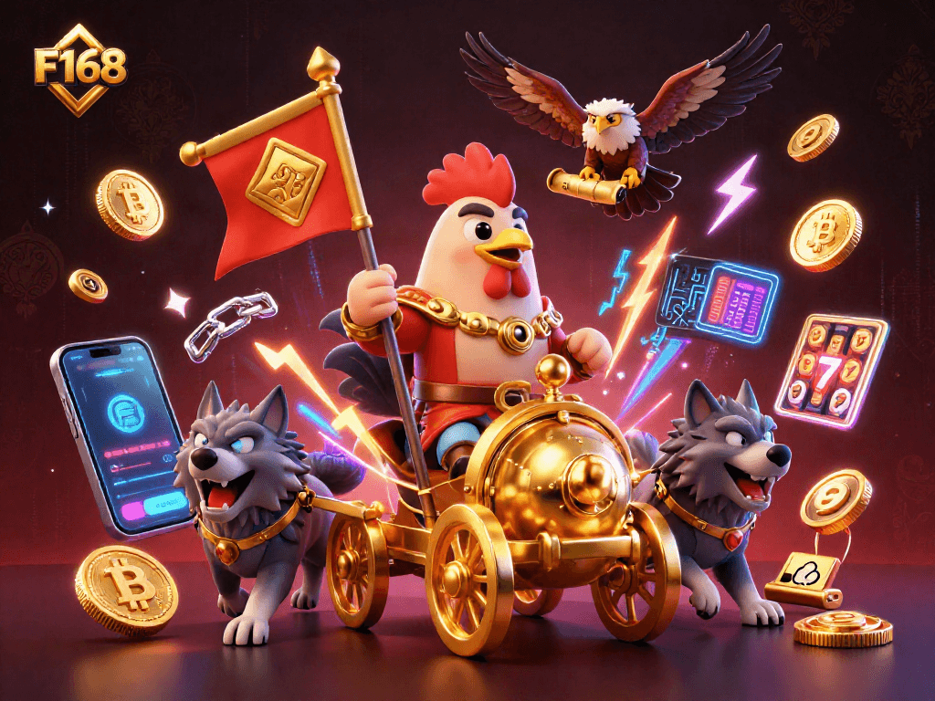 Experience the thrill of F168 with a vibrant 3D illustration showcasing a rooster warlord amidst casino elements.