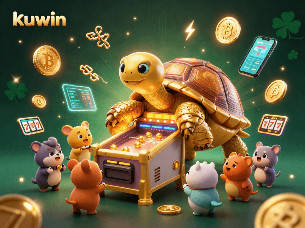 Kuwin offers a vibrant gambling scene with a golden tortoise playing pinball amid glowing crypto coins.