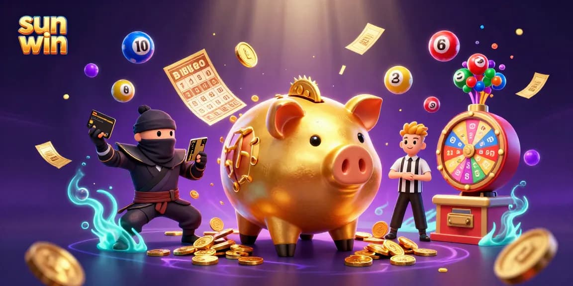Engage in sun win gaming excitement with a golden piggy bank sumo wrestler amidst lottery elements.