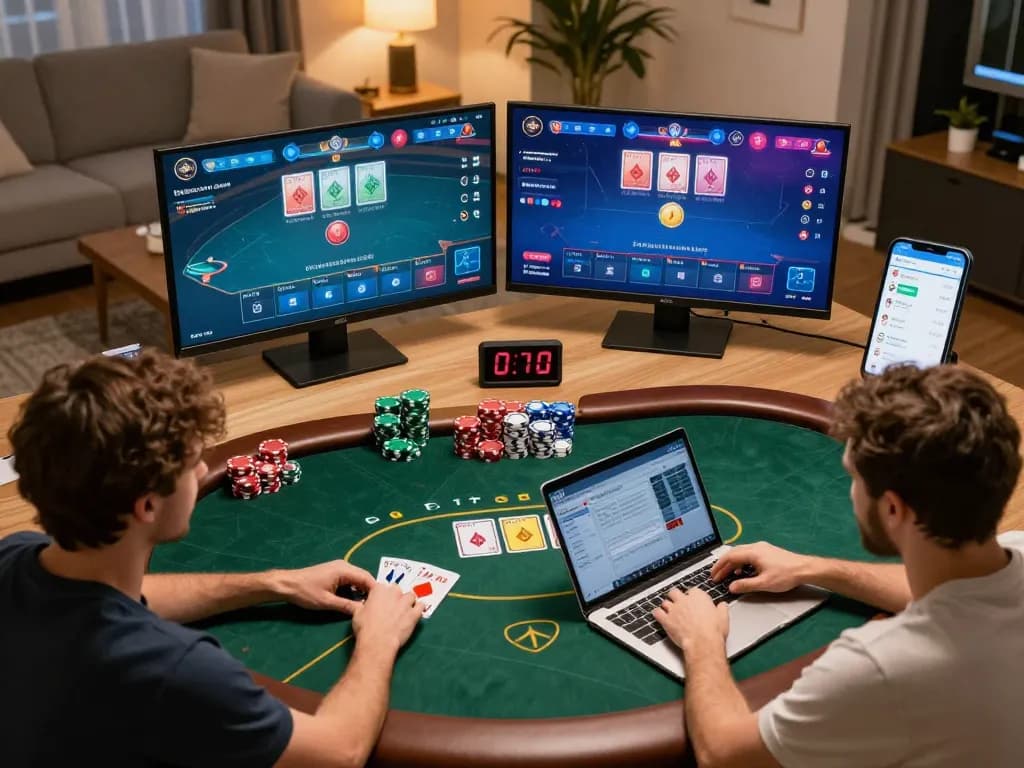 cm88-bet players analyzing poker strategies in a warm home setting with multiple screens