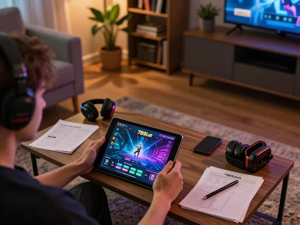 Engaged player using 789club app for online gaming in a cozy home setup.