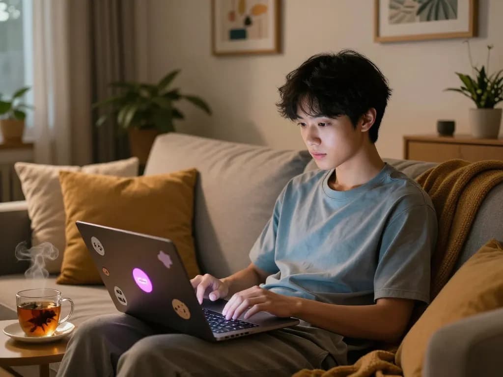 Engaging in nsfw ai chat on a cozy laptop setup with ambient lighting.