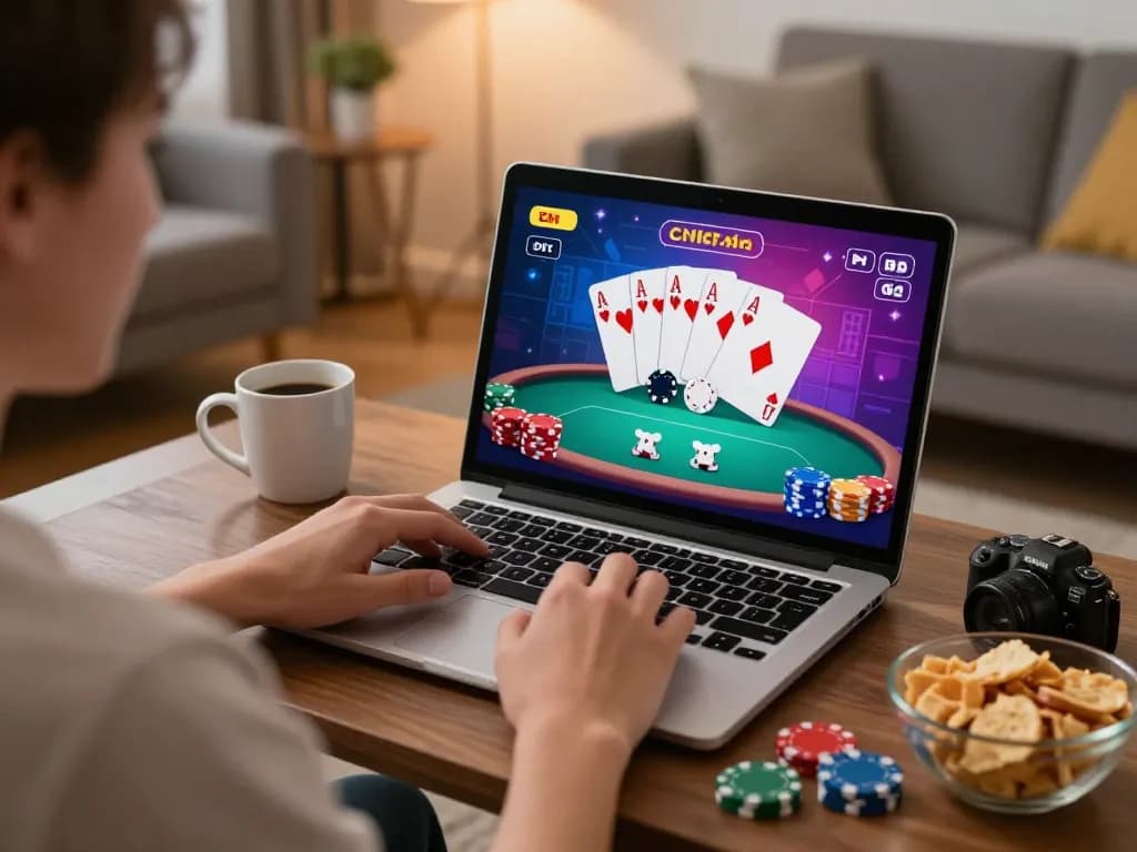 Engaged user playing poker on 388bet in a cozy home setting with laptop, snacks, and coffee.