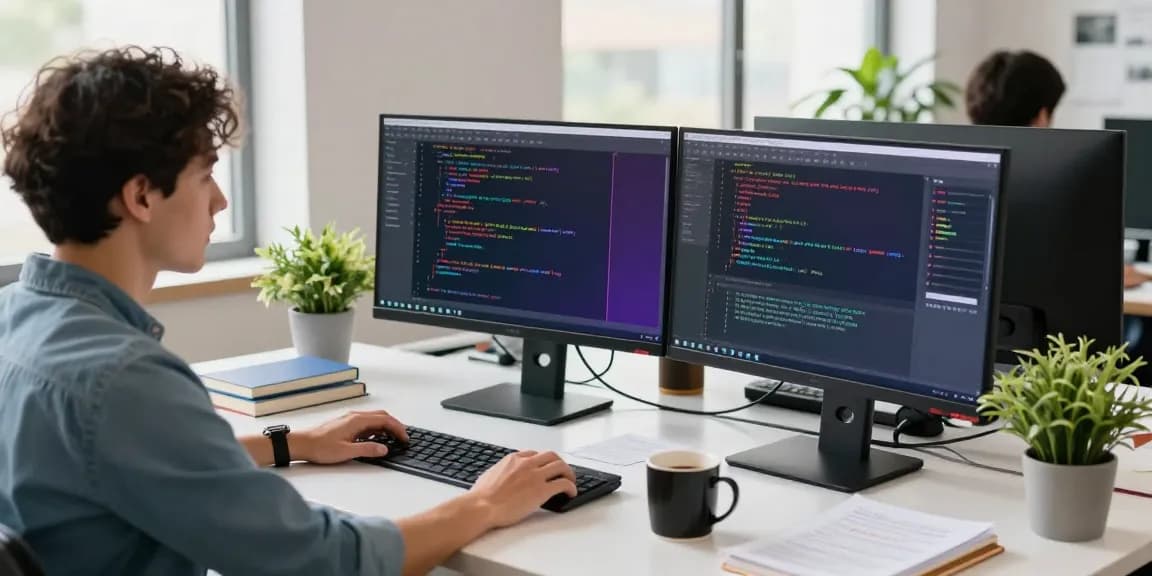 Experience seamless communication with telegram中文版下载 and modern coding tools in a bright office.