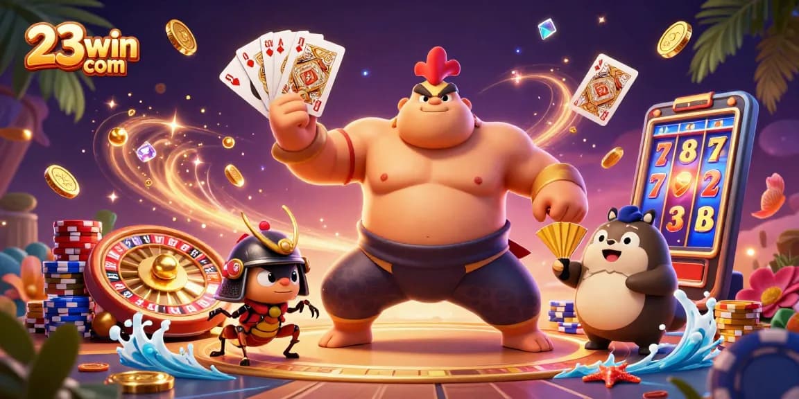 Sparkling coins and neon lights, 23win com showcases a powerful sumo wrestler in dynamic casino atmosphere.