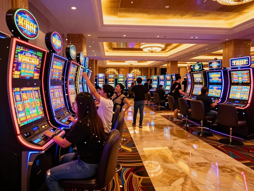Celebrating a big win at a slot gacor machine in a vibrant casino atmosphere