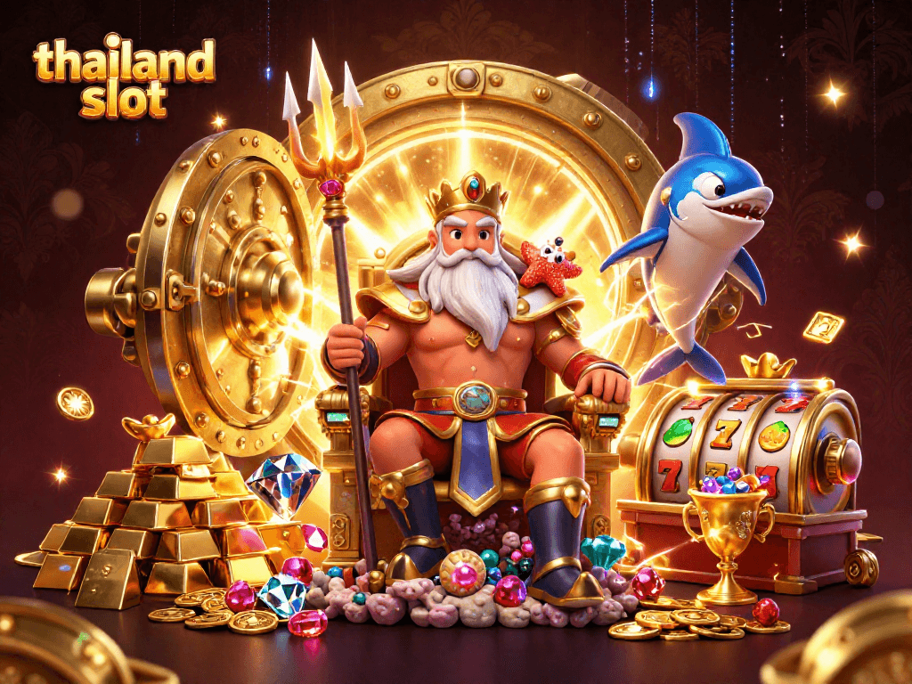 Experience thrilling thailand slot action with Neptune and treasure in this vibrant 3D casino illustration.