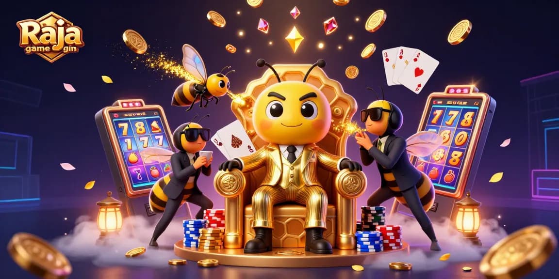 Engage in the Raja game login experience with a vibrant casino scene featuring bold characters and dynamic gaming elements.