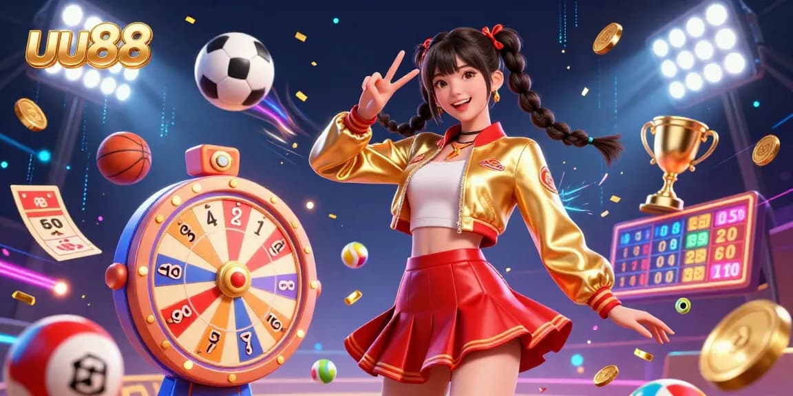 Experience the excitement of uu88 with a vibrant 3D illustration featuring a joyful Asian woman surrounded by colorful lottery balls and dynamic sports elements.