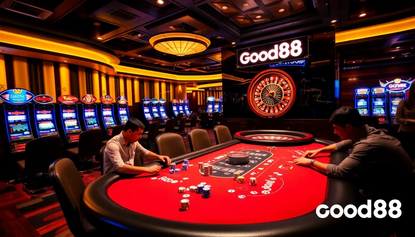 Experience the excitement of GOOD88 casino with vibrant games and engaging players enjoying their bets.