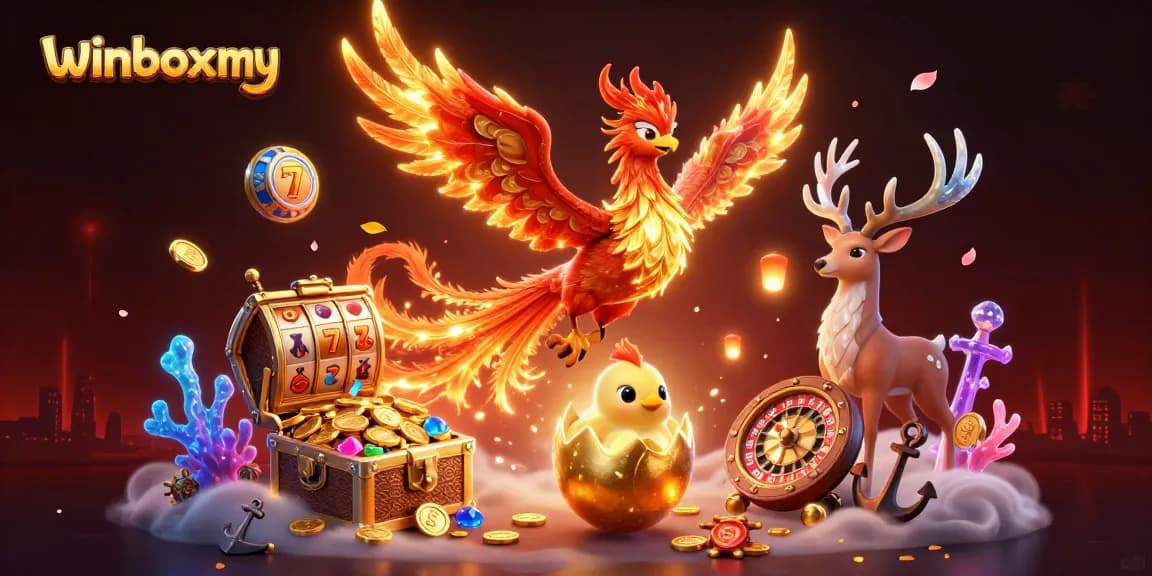 WinboxMY showcases an engaging 3D casino scene with a phoenix theme and vibrant slot elements.