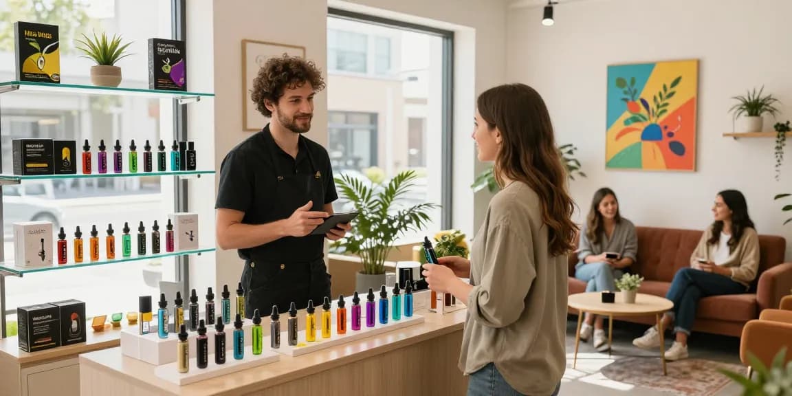 Modern Muha Meds display in a vibrant vape shop, showcasing diverse cannabis products.