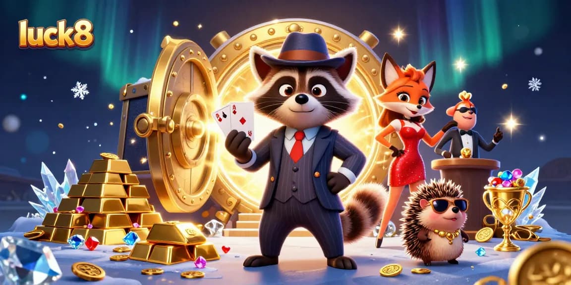 Experience luck8's vibrant gaming adventure with a charming raccoon holding royal flush.
