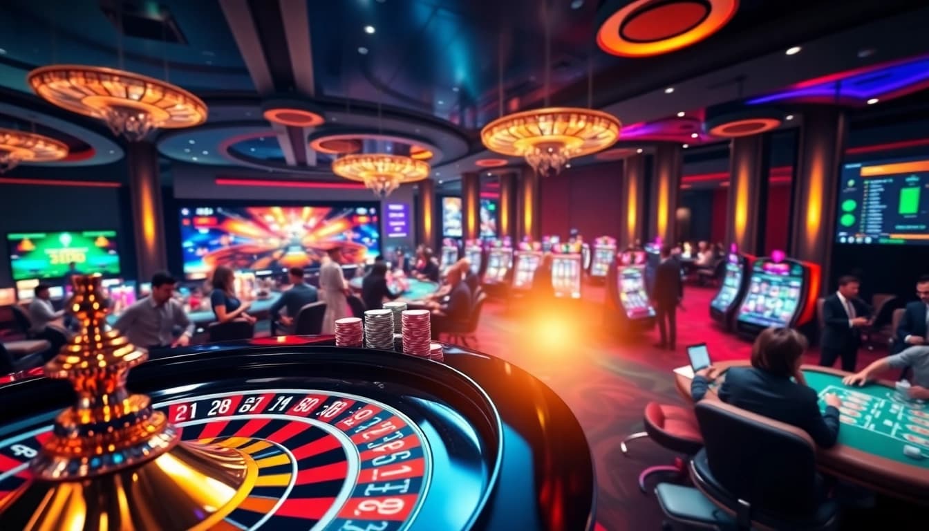 Engaging casino scene depicting players enjoying various games on trang chủ e2bet with vibrant roulette and poker elements.