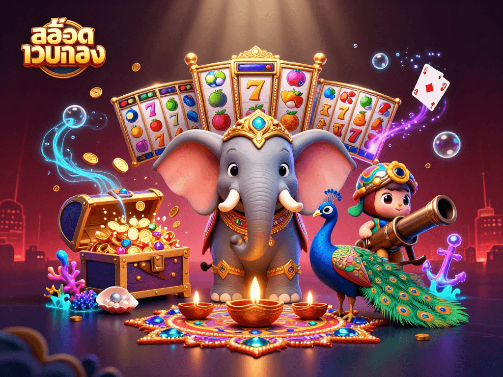 Play slot games with สล็อตเว็บตรง featuring an elephant and peacock amidst dazzling decorations.