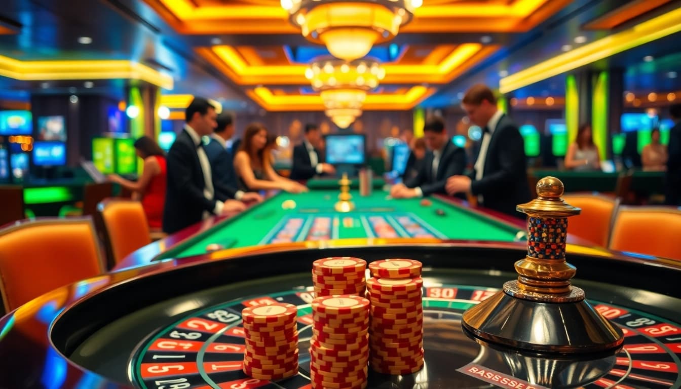 Permainan kasino bbni4d dengan pemain seru di meja roulette, menunjukkan suasana yang menegangkan.