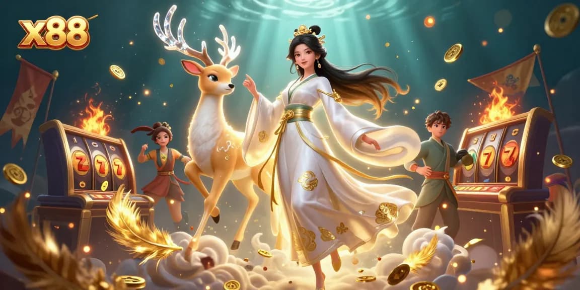 x88 slots and online casino scene with a floating Asian woman and a celestial deer