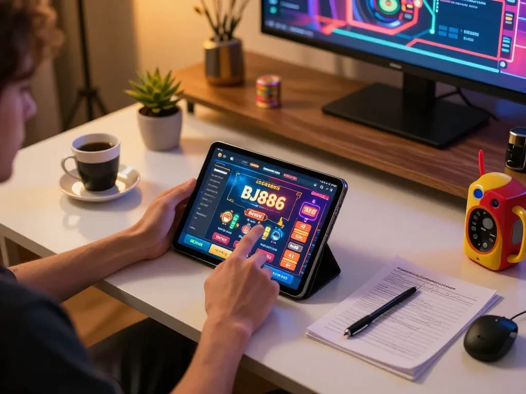 Player engaging with BJ886 casino app on tablet, enjoying online gaming in a cozy home setting
