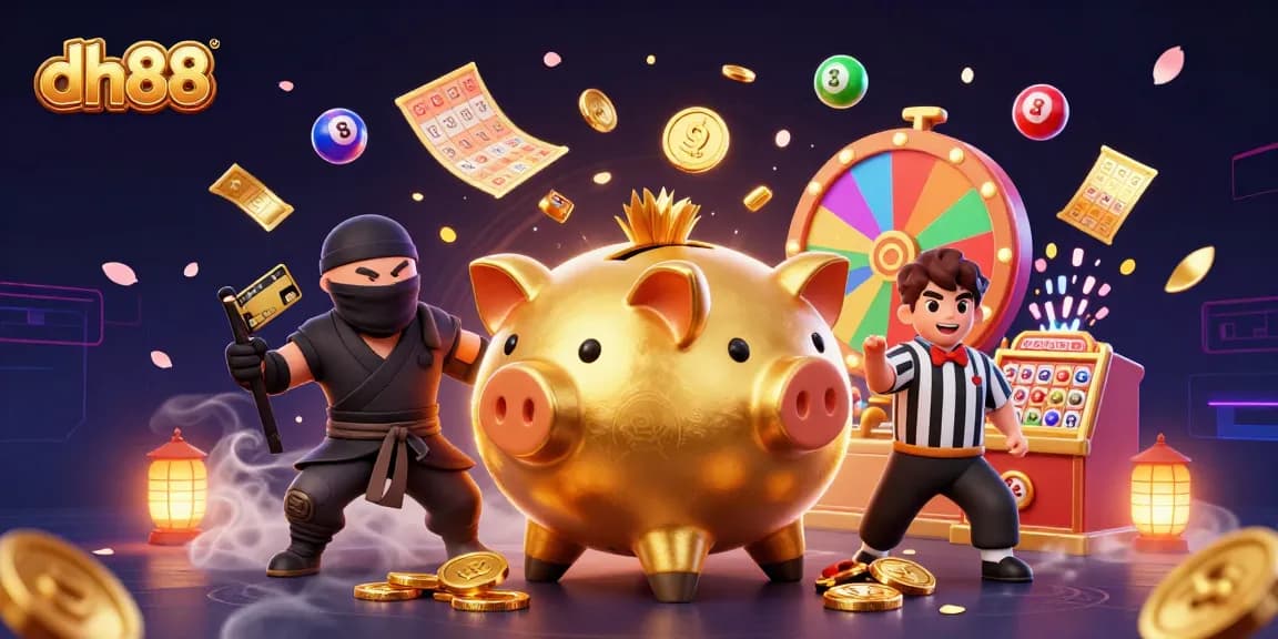 Experience thrilling wins at dh88 with a stunning golden piggy bank sumo wrestler amidst vibrant lottery elements.