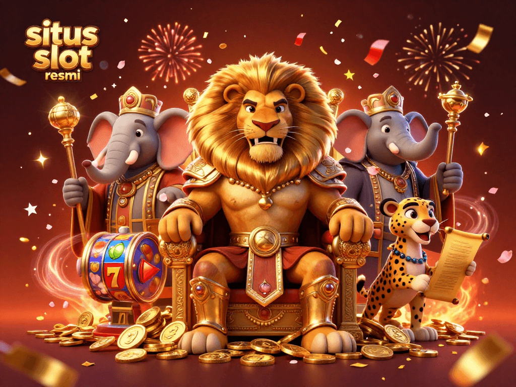 Situs slot resmi illustration showcasing a king, advisor, and messenger amidst dynamic slot game elements and festive decorations.