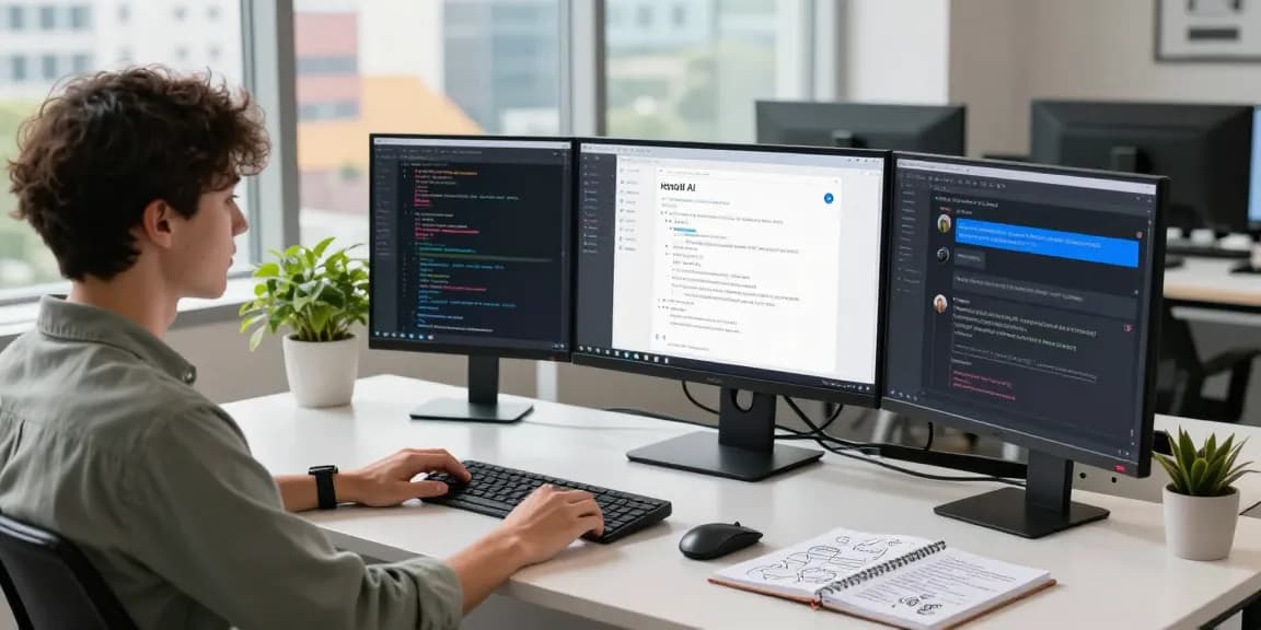 Dynamic workspace showcasing koboldai interactions with sleek technology and coding setup.