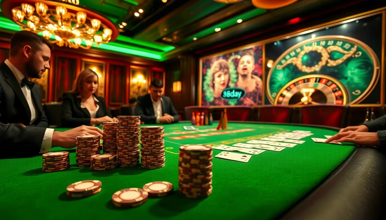 Engage in high-stakes poker at 8day's luxurious casino, showcasing vibrant chips and intense gameplay.