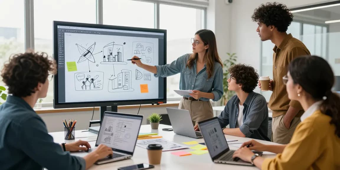 Team brainstorming on a mixboard in a dynamic office, showcasing creative collaboration
