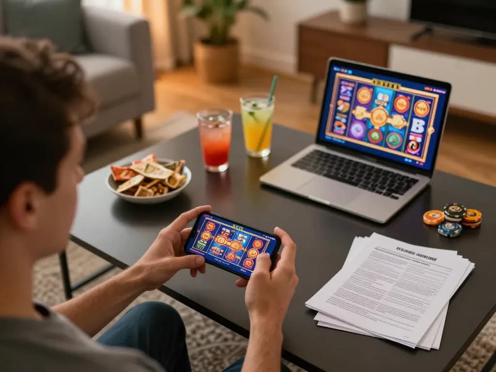 Engaging in exciting online slots via link vào qq88, with snacks and drinks in a cozy home setting.
