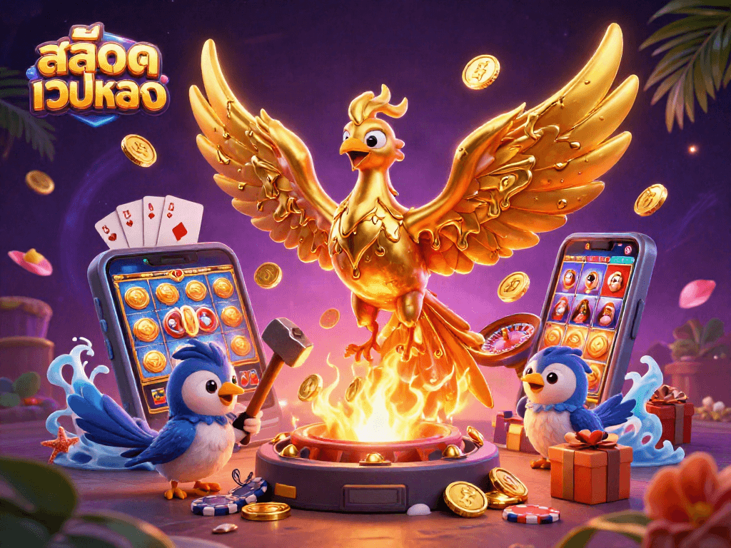 Engage with สล็อตเว็บตรง featuring a golden phoenix and dynamic slot game elements in vibrant 3D illustration.