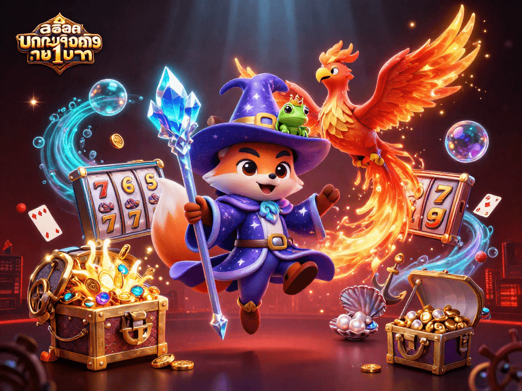 Engage with สล็อตฝากขั้นต่ำ1บาท through a vibrant casino-themed 3D illustration showcasing slot reels and mystical creatures.