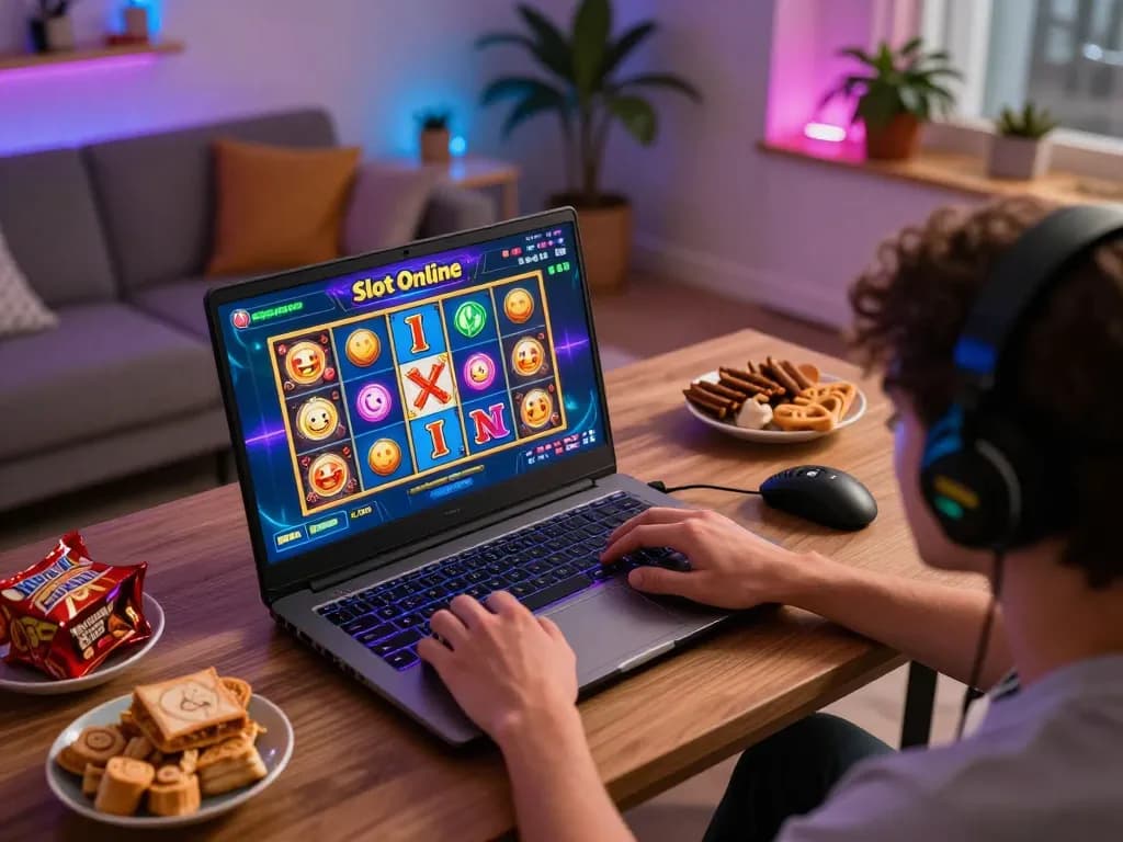 Person playing Slot Online on a laptop in a cozy home environment, showcasing colorful game visuals.