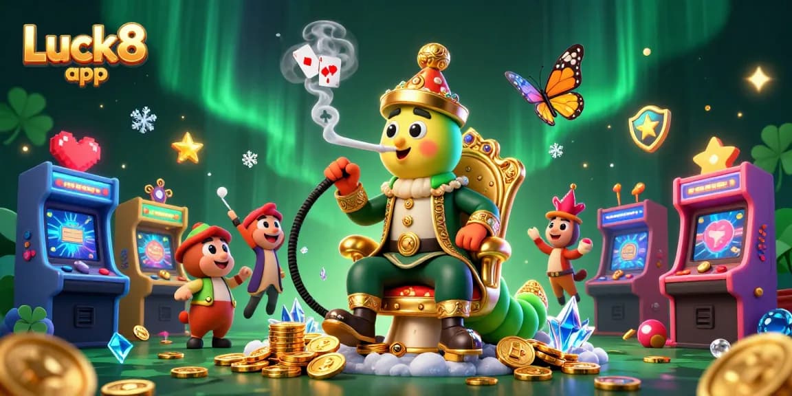 Engage with the Luck8 app featuring a fun 3D illustration of a hookah-master and gaming elements.