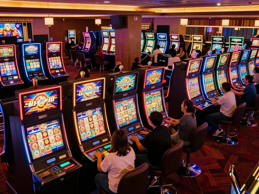 Players engaging in a thrilling slot bet 100 at a vibrant casino, surrounded by colorful machines and ambient lighting.
