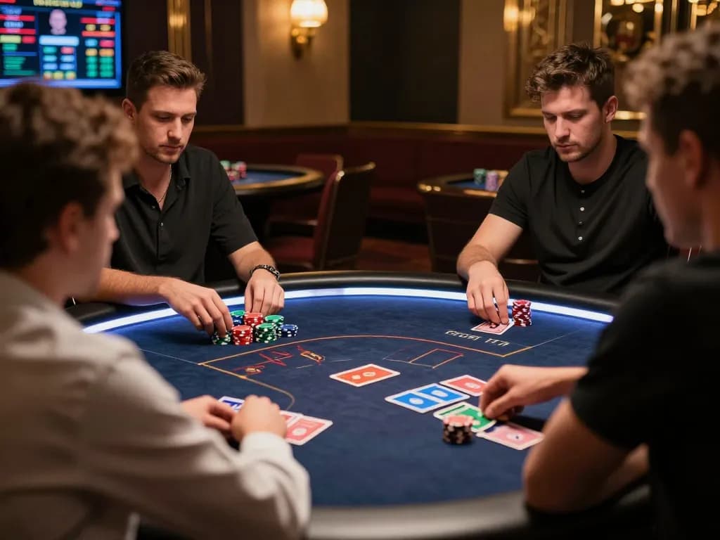 Taisunwin players engaging in a strategic online poker game with vibrant cards and chips.