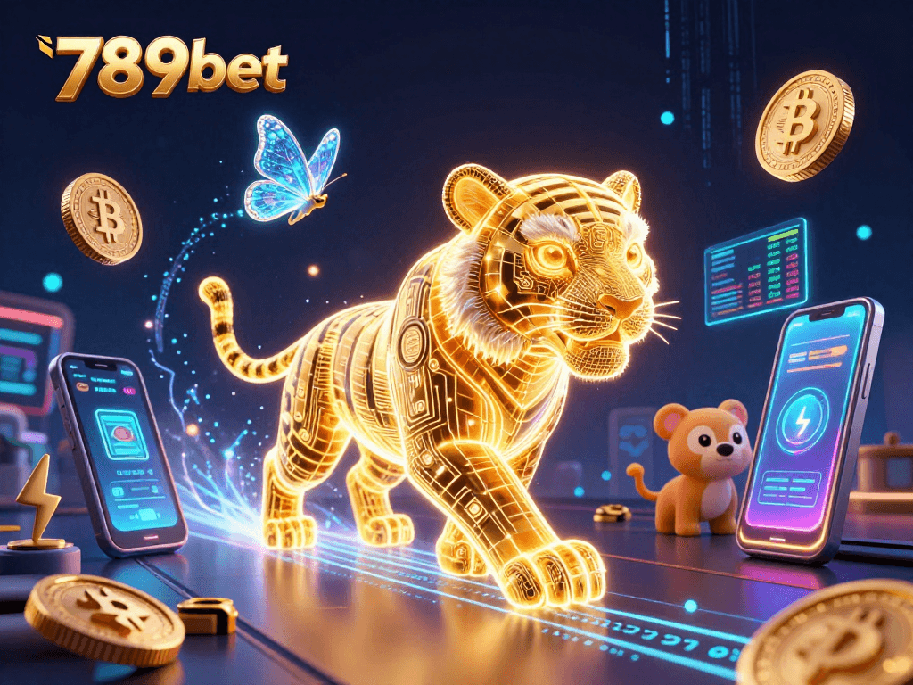 Bet on 789bet with a dazzling golden tiger in a digital casino full of crypto excitement.
