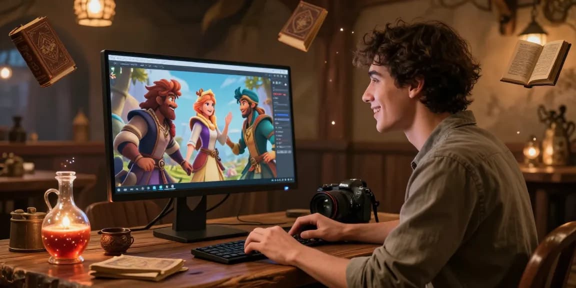 Tavern AI user engaging with vibrant AI-generated characters in a cozy digital tavern.